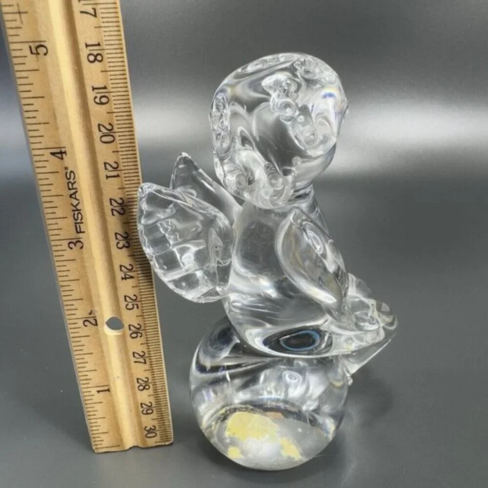 Vintage Hand Blown Clear Angel Figurine Paperweight Hand Sculptured With Sticker